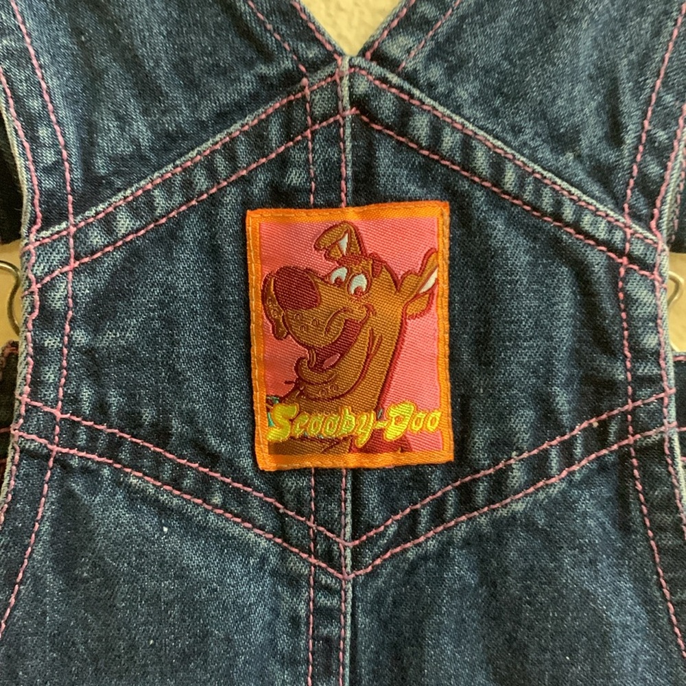 Vintage Y2K Scooby Doo Denim Jean Jumper Dress Shortall Size 7/8 Cotton Floral - Picture 12 of 13